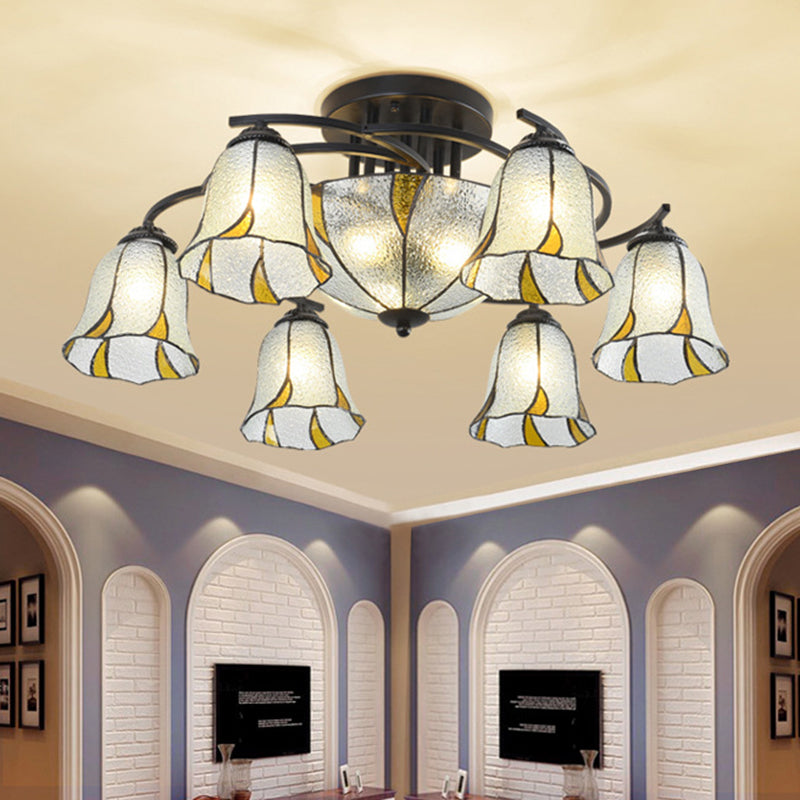 Tiffany Style Frosted Glass Semi-Flush Mount Light With Domed/Cone/Bell Shades - 9/11 Lights