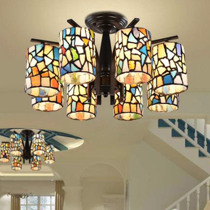 Mediterranean Cylinder Glass Ceiling Mount - Semi Flush Light (6/8 Lights) in Black for Living Room