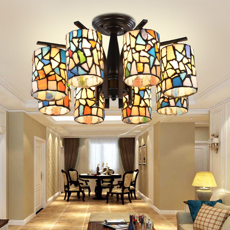 Mediterranean Cylinder Glass Ceiling Mount - Semi Flush Light (6/8 Lights) in Black for Living Room