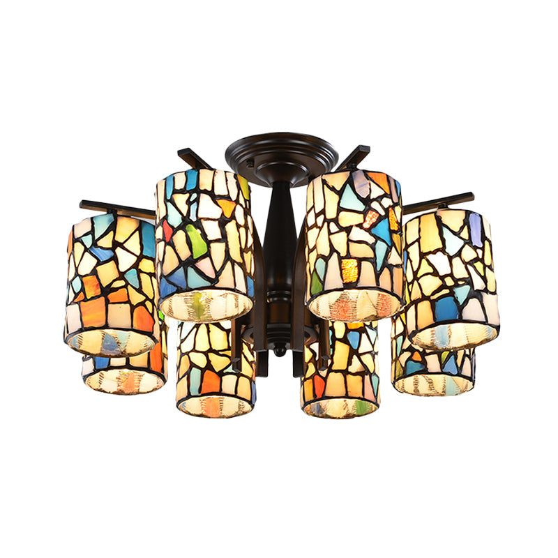 Mediterranean Cylinder Glass Ceiling Mount - Semi Flush Light (6/8 Lights) in Black for Living Room