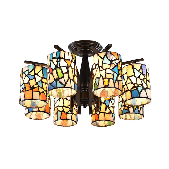 Mediterranean Cylinder Glass Ceiling Mount - Semi Flush Light (6/8 Lights) in Black for Living Room