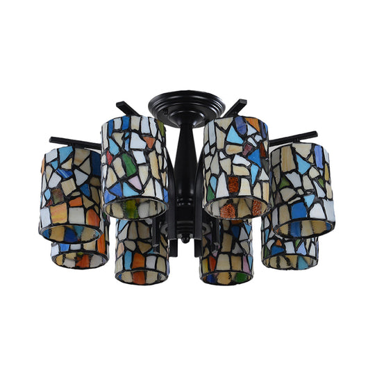 Mediterranean Cylinder Glass Ceiling Mount - Semi Flush Light (6/8 Lights) in Black for Living Room