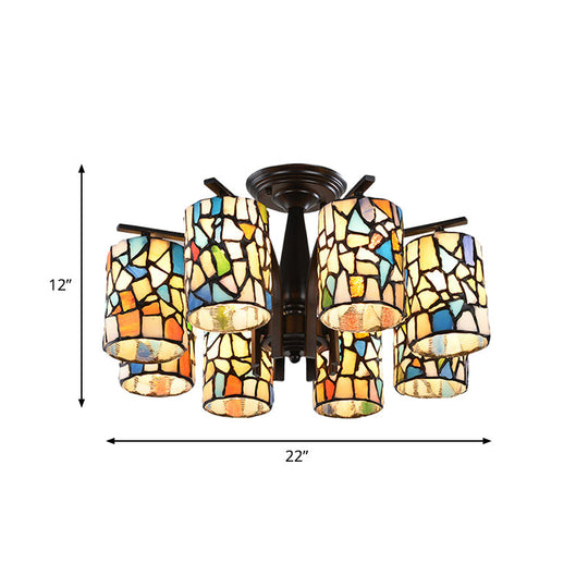 Mediterranean Cylinder Glass Ceiling Mount - Semi Flush Light (6/8 Lights) in Black for Living Room