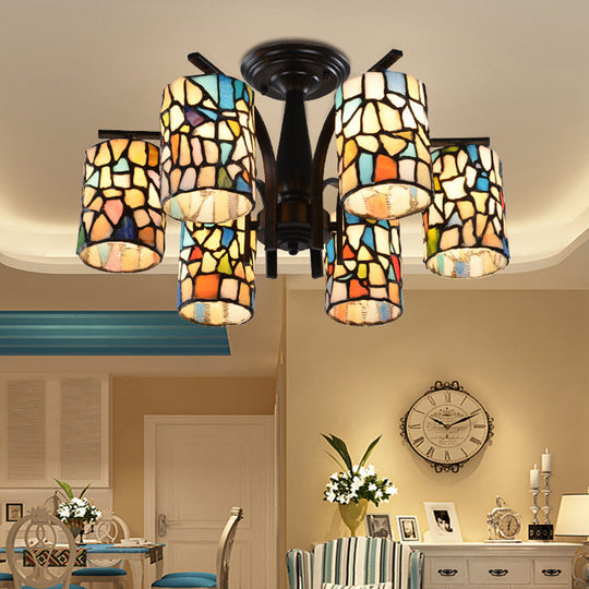 Mediterranean Cylinder Glass Ceiling Mount - Semi Flush Light (6/8 Lights) in Black for Living Room