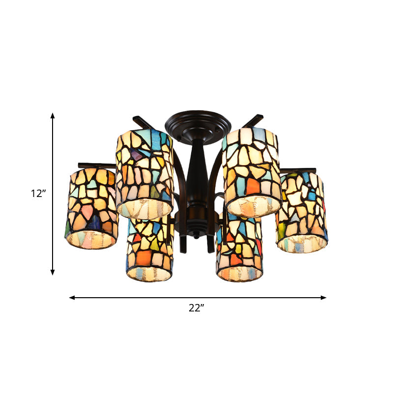 Mediterranean Cylinder Glass Ceiling Mount - Semi Flush Light (6/8 Lights) in Black for Living Room