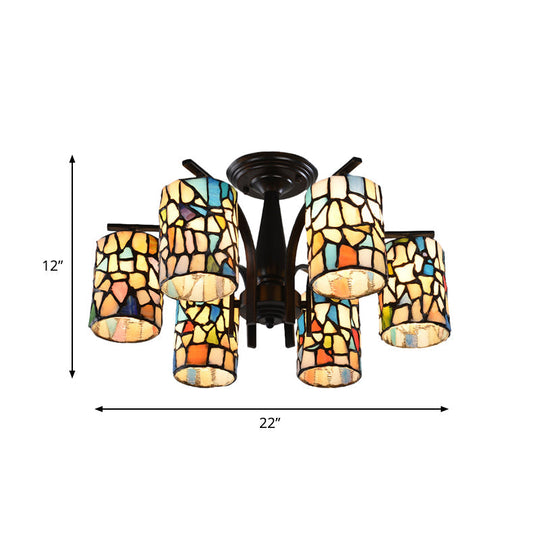 Mediterranean Cylinder Glass Ceiling Mount - Semi Flush Light (6/8 Lights) in Black for Living Room