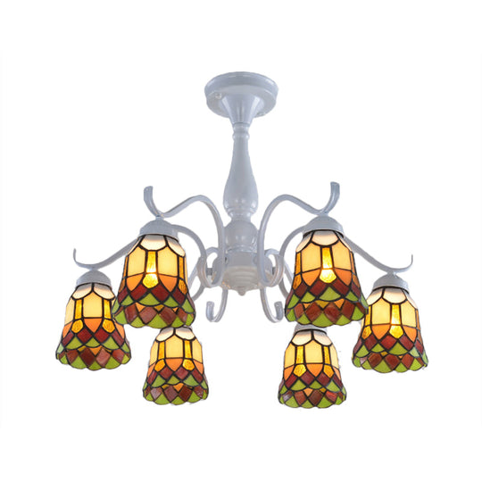 Mediterranean White Stained Glass Semi Flush Ceiling Mount Light - 6/8-Light Bell Design for Living Room