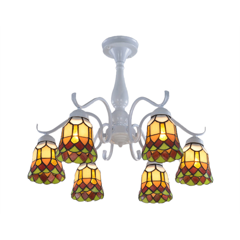 Mediterranean White Stained Glass Semi Flush Ceiling Mount Light - 6/8-Light Bell Design For Living