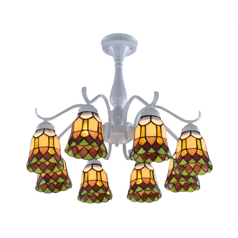 Mediterranean White Stained Glass Semi Flush Ceiling Mount Light - 6/8-Light Bell Design for Living Room