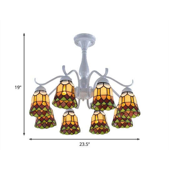 Mediterranean White Stained Glass Semi Flush Ceiling Mount Light - 6/8-Light Bell Design for Living Room