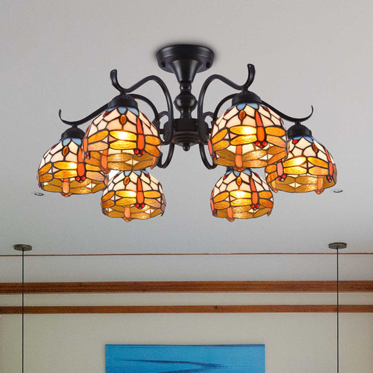 13/19.5 Dragonfly Semi-Flush Mount Ceiling Light Fixture With Cut Glass Mediterranean Design In