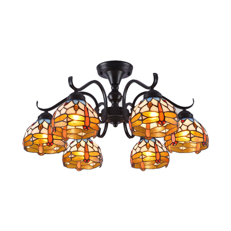 13"/19.5" Dragonfly Semi-Flush Mount Ceiling Light Fixture with Cut Glass Mediterranean Design in Black - 6 Lights