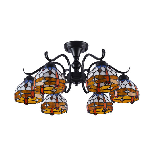 13"/19.5" Dragonfly Semi-Flush Mount Ceiling Light Fixture with Cut Glass Mediterranean Design in Black - 6 Lights