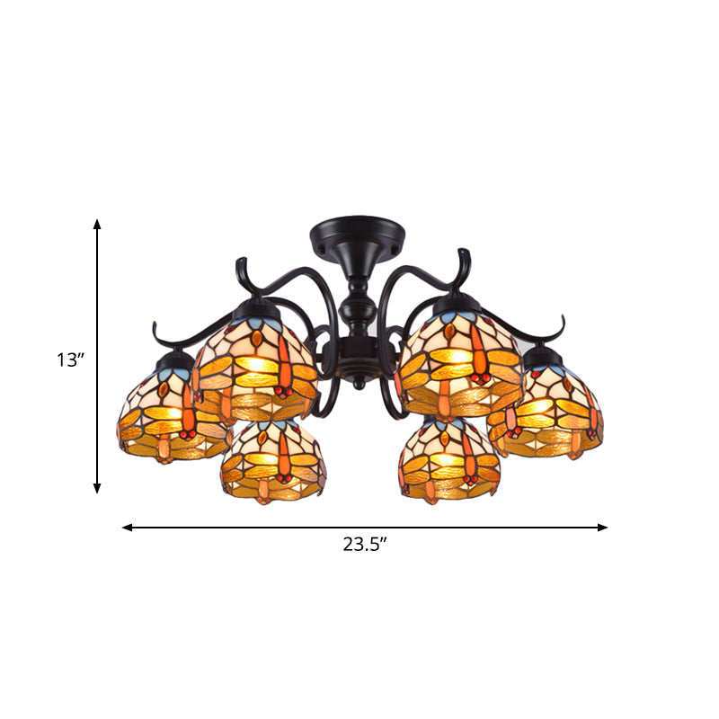 13"/19.5" Dragonfly Semi-Flush Mount Ceiling Light Fixture with Cut Glass Mediterranean Design in Black - 6 Lights