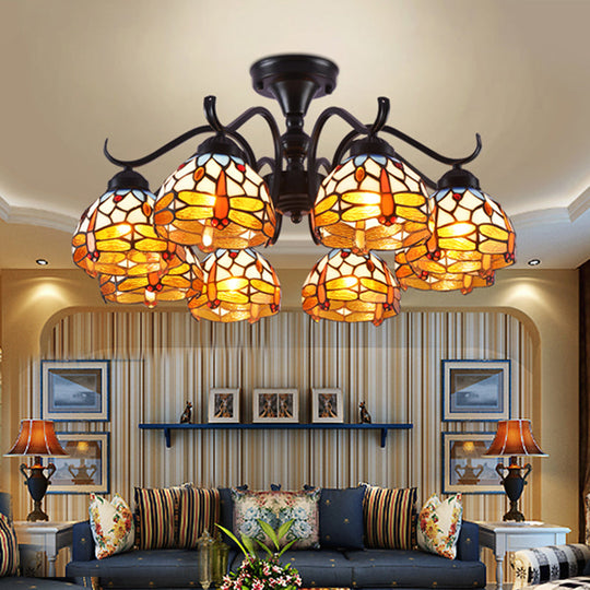 13"/19.5" Dragonfly Semi-Flush Mount Ceiling Light Fixture with Cut Glass Mediterranean Design in Black - 6 Lights