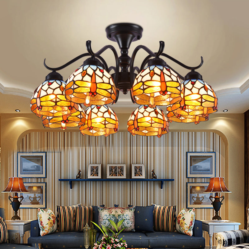 13/19.5 Dragonfly Semi-Flush Mount Ceiling Light Fixture With Cut Glass Mediterranean Design In