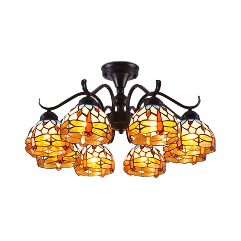 13"/19.5" Dragonfly Semi-Flush Mount Ceiling Light Fixture with Cut Glass Mediterranean Design in Black - 6 Lights