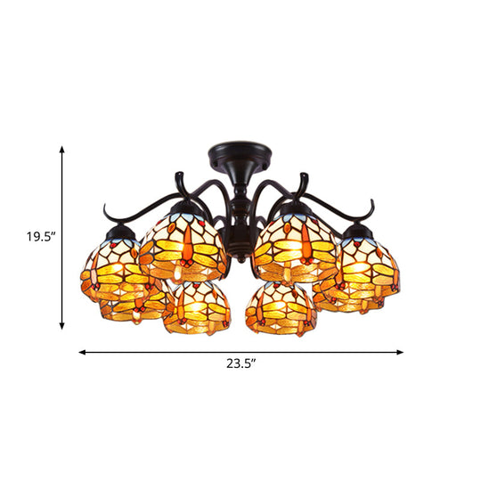 13"/19.5" Dragonfly Semi-Flush Mount Ceiling Light Fixture with Cut Glass Mediterranean Design in Black - 6 Lights