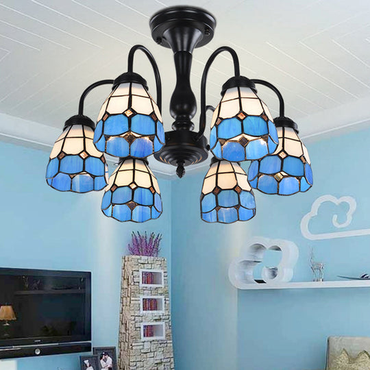 Baroque Blue Glass Ceiling Light Fixture - Domed Cut Semi Mount, 6/8 Lights, Stylish Design