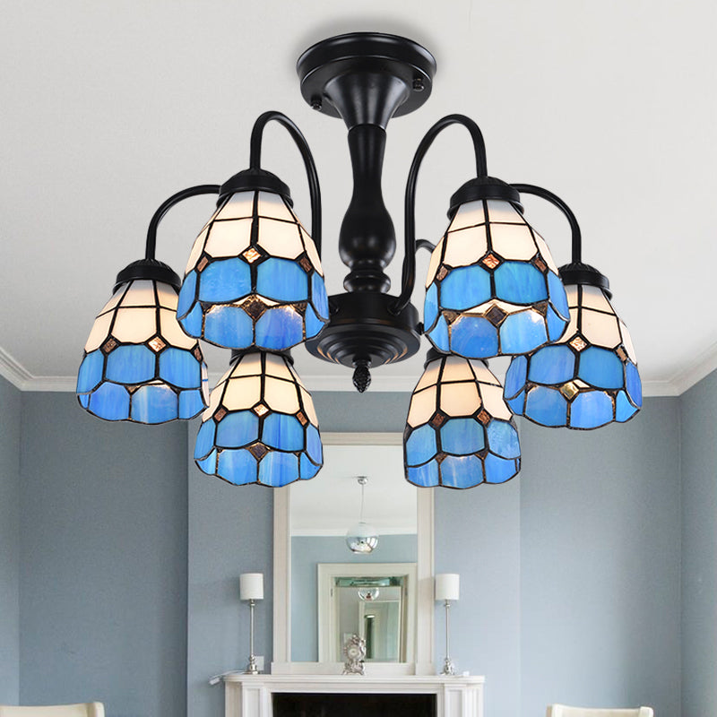 Baroque Blue Glass Ceiling Light Fixture - Domed Cut Semi Mount, 6/8 Lights, Stylish Design