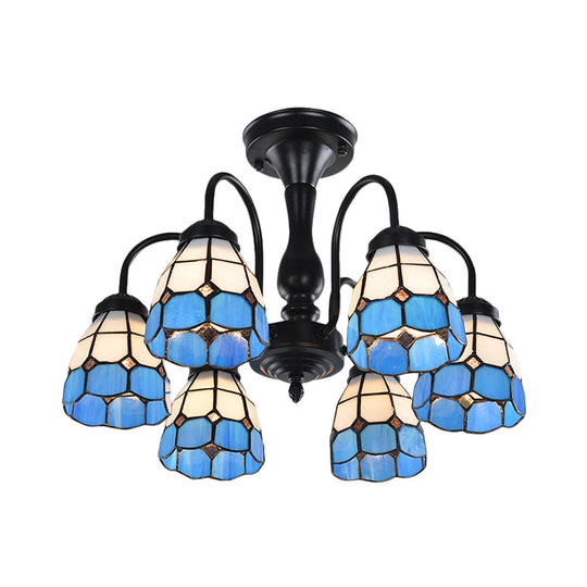 Baroque Blue Glass Ceiling Light Fixture - Domed Cut Semi Mount, 6/8 Lights, Stylish Design