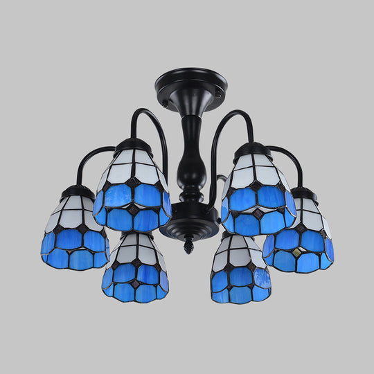 Baroque Blue Glass Ceiling Light Fixture - Domed Cut Semi Mount, 6/8 Lights, Stylish Design