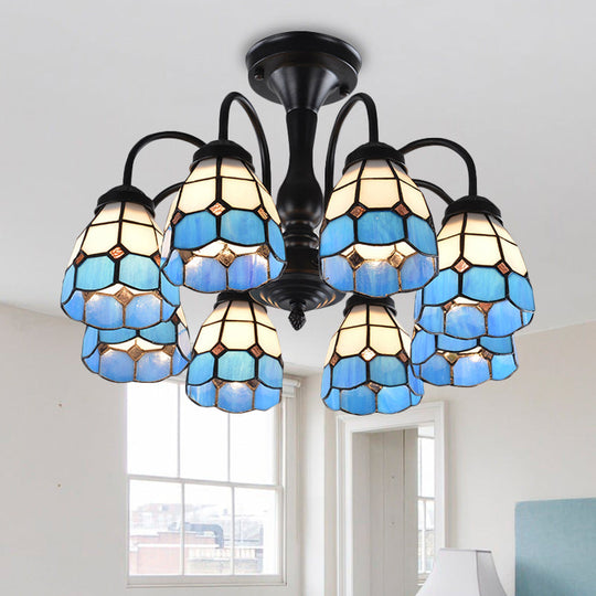 Baroque Blue Glass Ceiling Light Fixture - Domed Cut Semi Mount, 6/8 Lights, Stylish Design