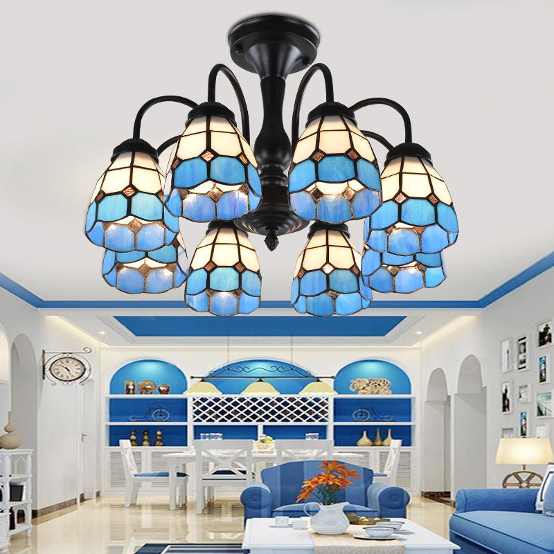 Baroque Blue Glass Ceiling Light Fixture - Domed Cut Semi Mount, 6/8 Lights, Stylish Design