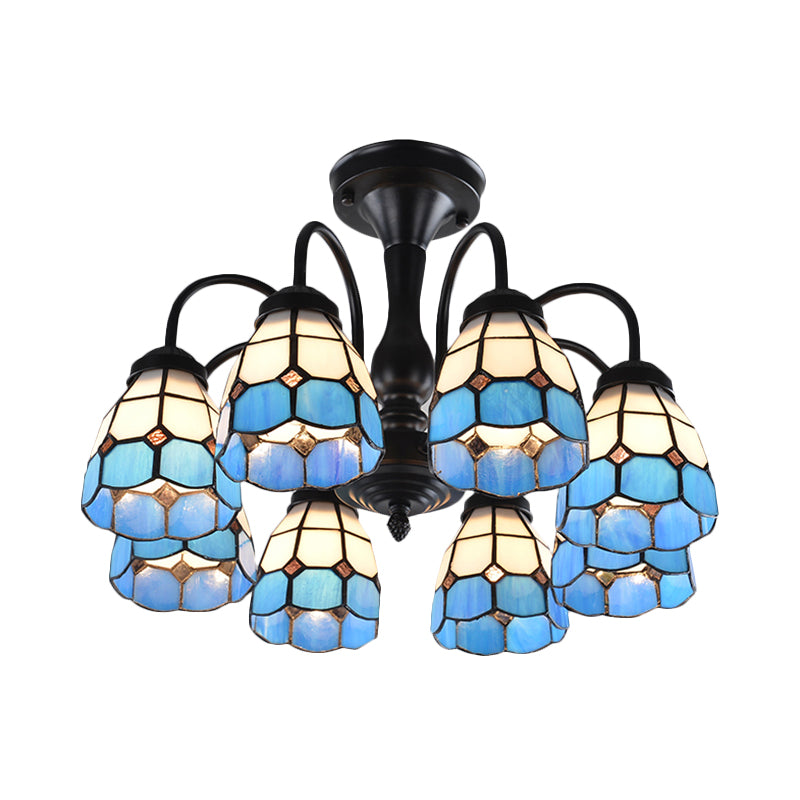 Baroque Blue Glass Ceiling Light Fixture - Domed Cut Semi Mount, 6/8 Lights, Stylish Design