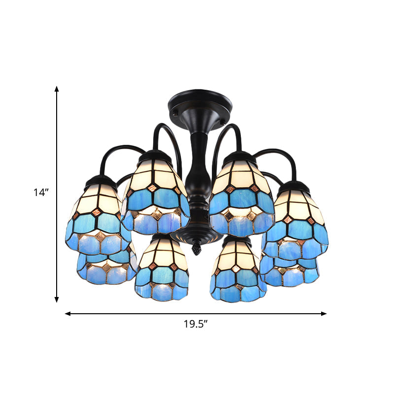 Baroque Blue Glass Ceiling Light Fixture - Domed Cut Semi Mount, 6/8 Lights, Stylish Design