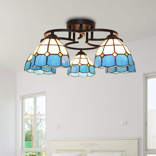 Baroque Glass Grid Pattern Semi Flush Light Fixture - 5 Lights - Blue/Light Blue - Black Ceiling Mount for Bedroom