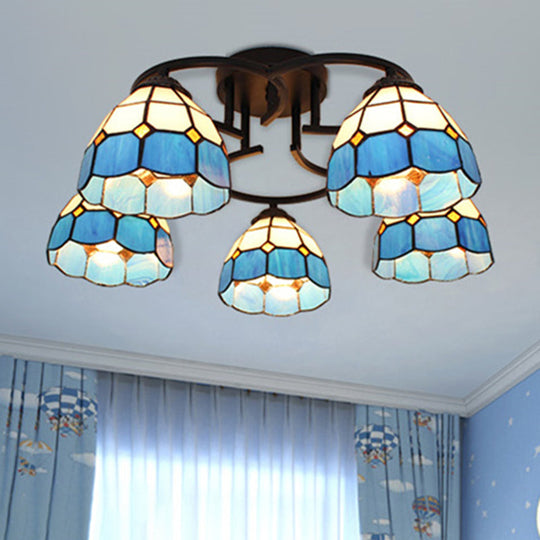 Baroque Glass Grid Pattern Semi Flush Light Fixture - 5 Lights - Blue/Light Blue - Black Ceiling Mount for Bedroom