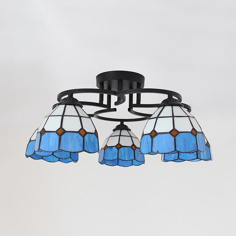 Baroque Glass Grid Pattern Semi Flush Light Fixture - 5 Lights - Blue/Light Blue - Black Ceiling Mount for Bedroom