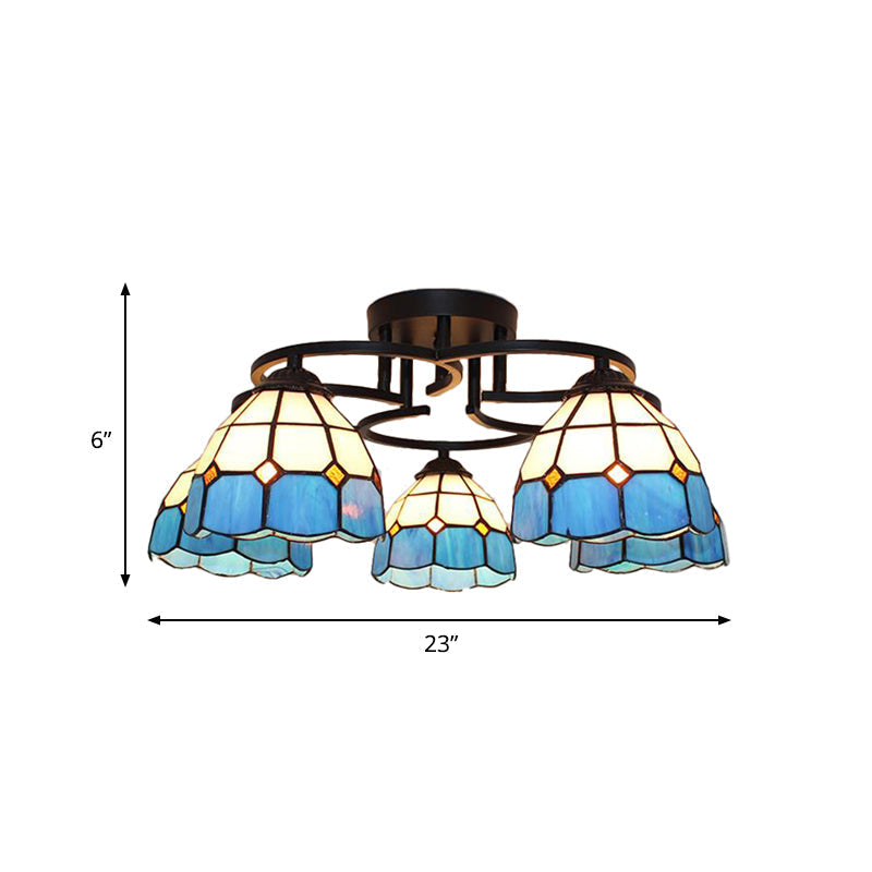 Baroque Glass Grid Pattern Semi Flush Light Fixture - 5 Lights - Blue/Light Blue - Black Ceiling Mount for Bedroom