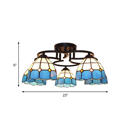 Baroque Glass Grid Pattern Semi Flush Light Fixture - 5 Lights - Blue/Light Blue - Black Ceiling Mount for Bedroom