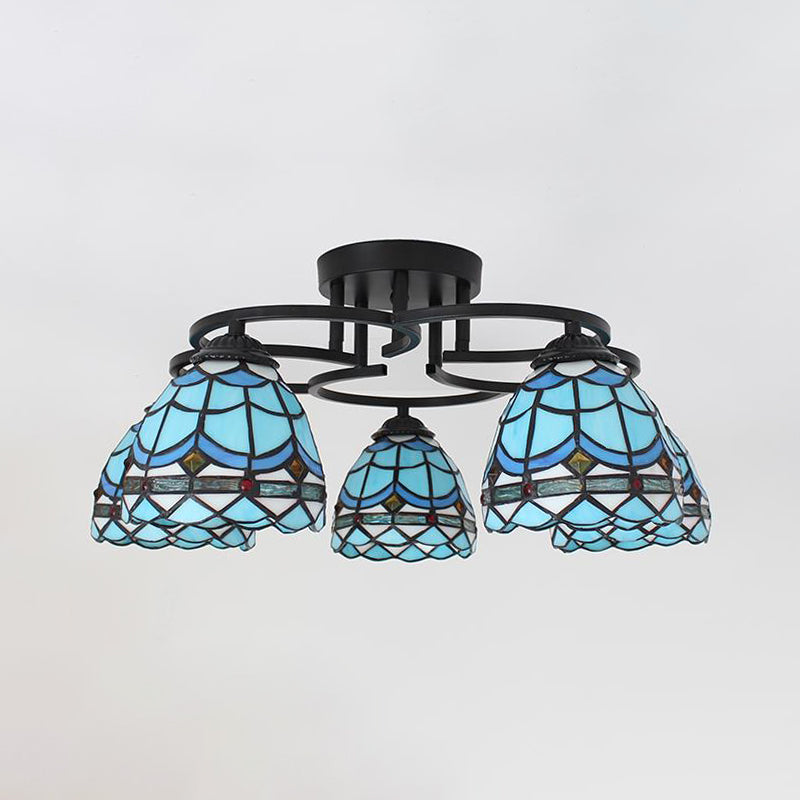 Baroque Glass Grid Pattern Semi Flush Light Fixture - 5 Lights - Blue/Light Blue - Black Ceiling Mount for Bedroom