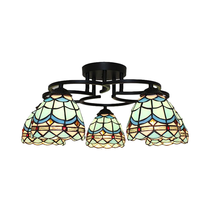 Baroque Glass Grid Pattern Semi Flush Light Fixture - 5 Lights - Blue/Light Blue - Black Ceiling Mount for Bedroom