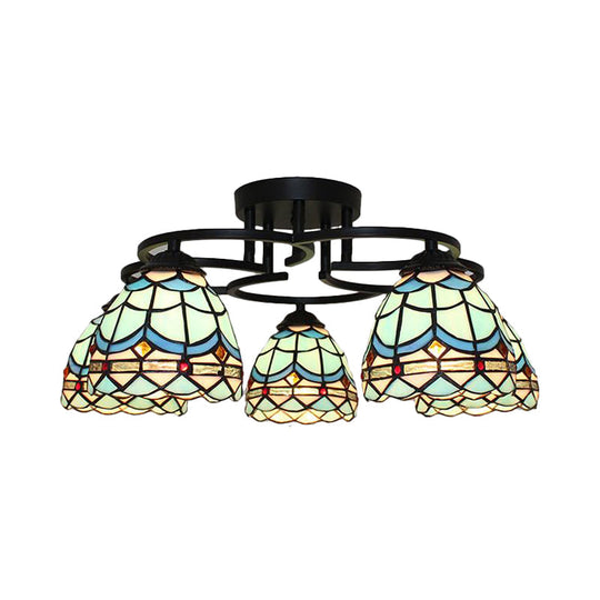 Baroque Glass Grid Pattern Semi Flush Light Fixture - 5 Lights Blue/Light Blue Black Ceiling Mount