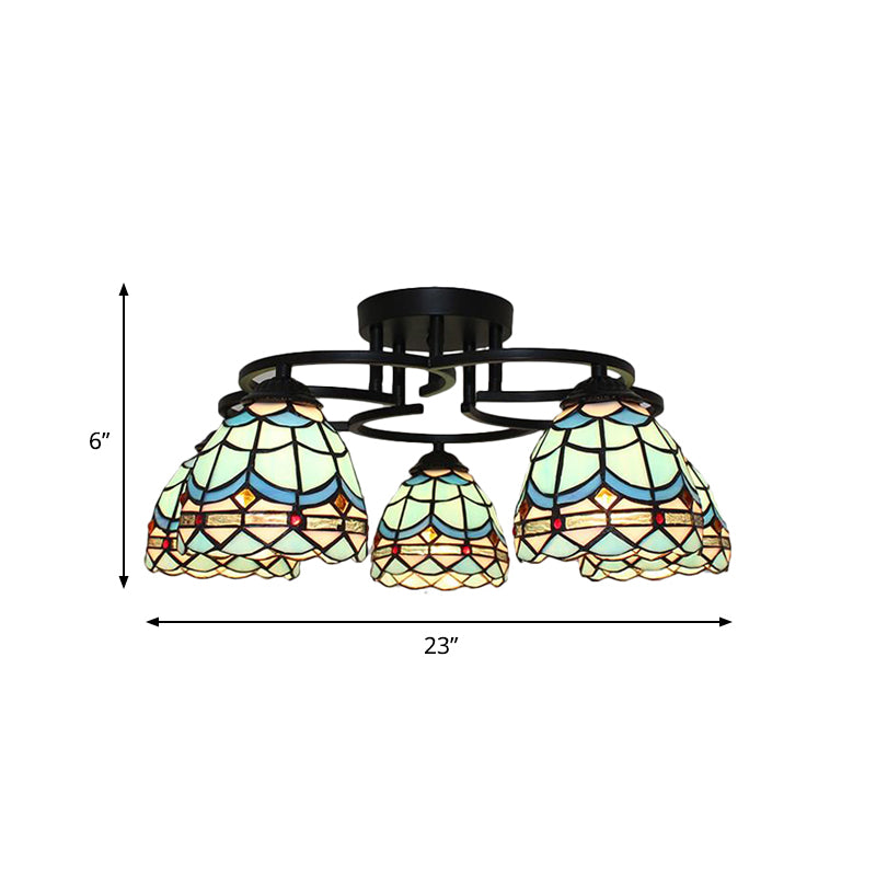 Baroque Glass Grid Pattern Semi Flush Light Fixture - 5 Lights - Blue/Light Blue - Black Ceiling Mount for Bedroom