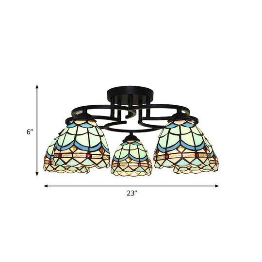 Baroque Glass Grid Pattern Semi Flush Light Fixture - 5 Lights Blue/Light Blue Black Ceiling Mount