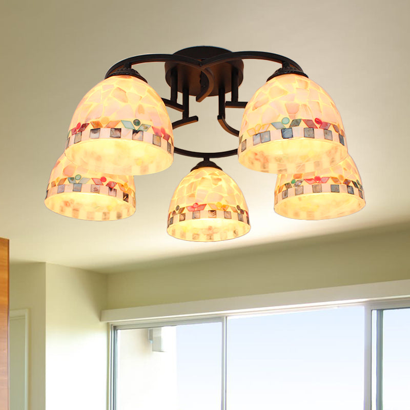 Kitchen Semi Flush Tiffany Beige/White Ceiling Light with Dome Shell Shade - 5 Lights