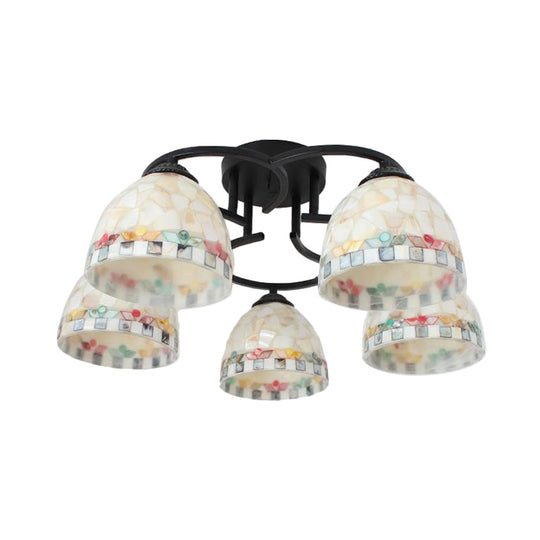 Kitchen Semi Flush Tiffany Beige/White Ceiling Light with Dome Shell Shade - 5 Lights