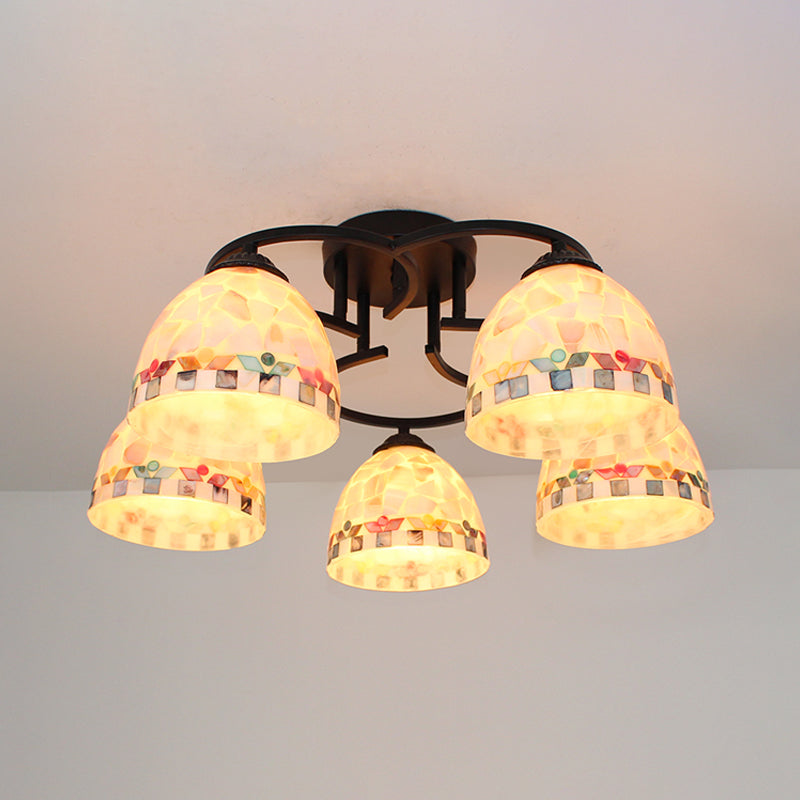 Kitchen Semi Flush Tiffany Beige/White Ceiling Light with Dome Shell Shade - 5 Lights