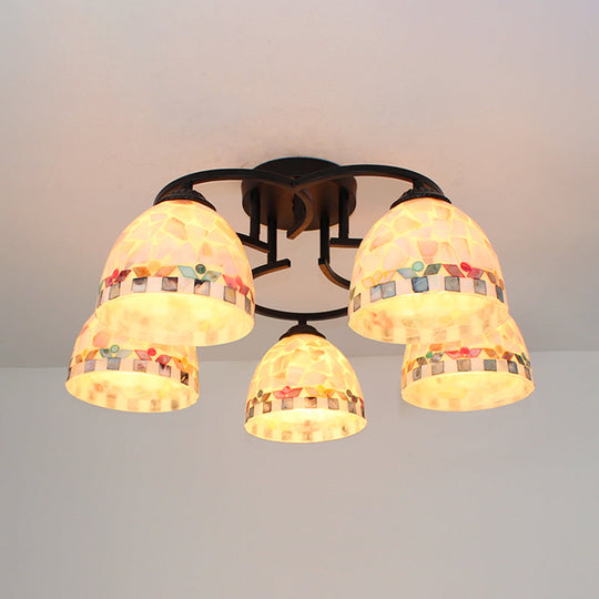 Kitchen Semi Flush Tiffany Beige/White Ceiling Light With Dome Shell Shade - 5 Lights