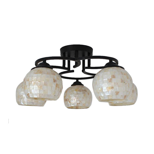 Kitchen Semi Flush Tiffany Beige/White Ceiling Light with Dome Shell Shade - 5 Lights