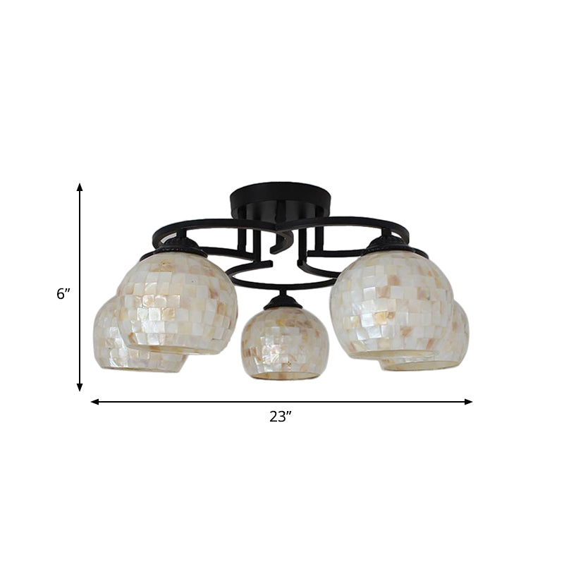 Kitchen Semi Flush Tiffany Beige/White Ceiling Light with Dome Shell Shade - 5 Lights