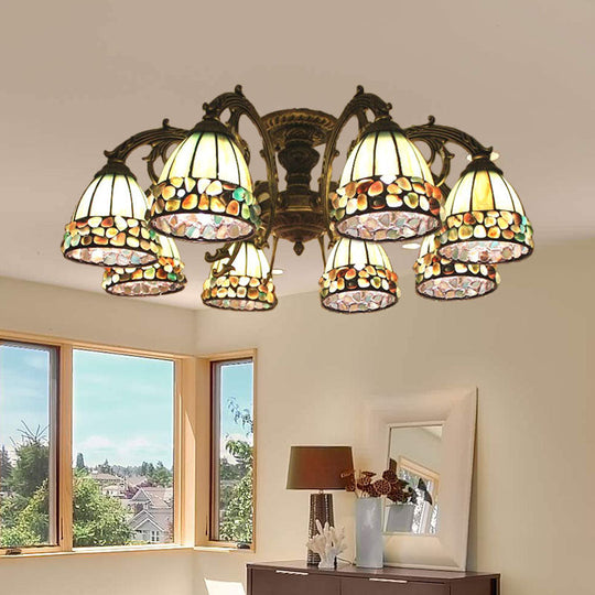 Green Stained Art Glass Dome Semi Flush Ceiling Light with 5/8 Lights - Tiffany Inspired