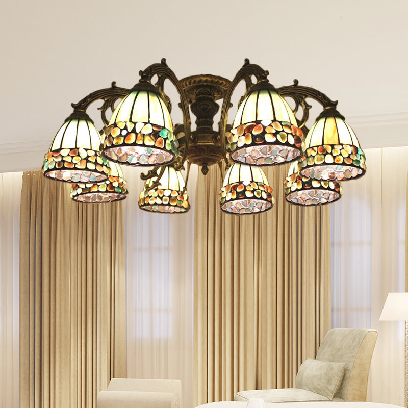 Green Stained Art Glass Dome Semi Flush Ceiling Light with 5/8 Lights - Tiffany Inspired