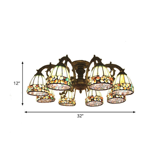 Green Stained Art Glass Dome Semi Flush Ceiling Light with 5/8 Lights - Tiffany Inspired