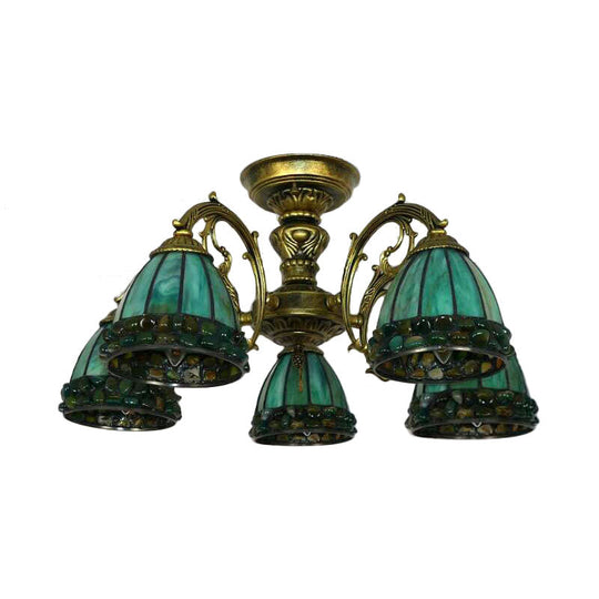 Green Stained Art Glass Dome Semi Flush Ceiling Light with 5/8 Lights - Tiffany Inspired